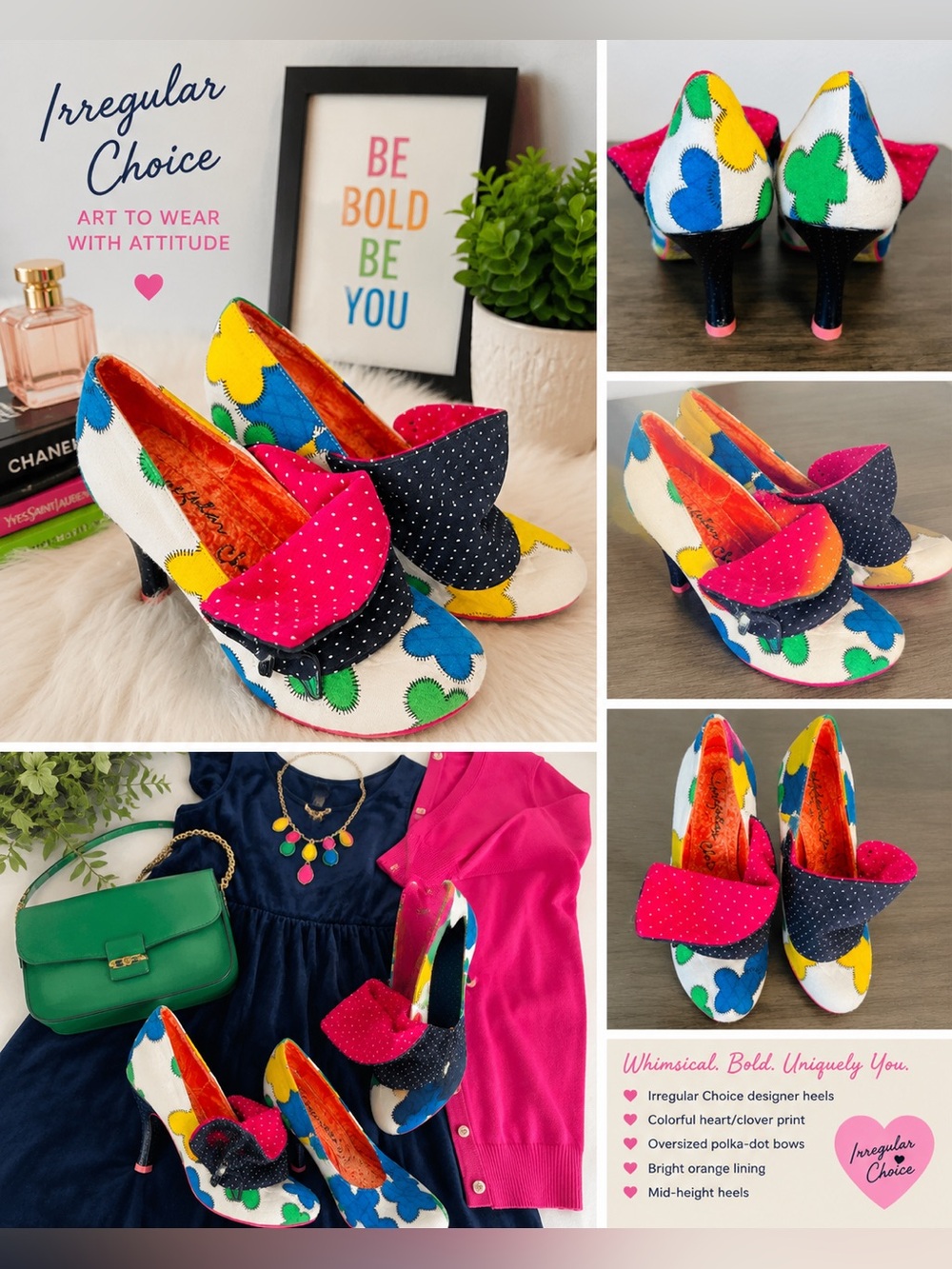 Irregular Choice Colorful Heart Print Bow Heels Pumps Retro Art Size US 7.5